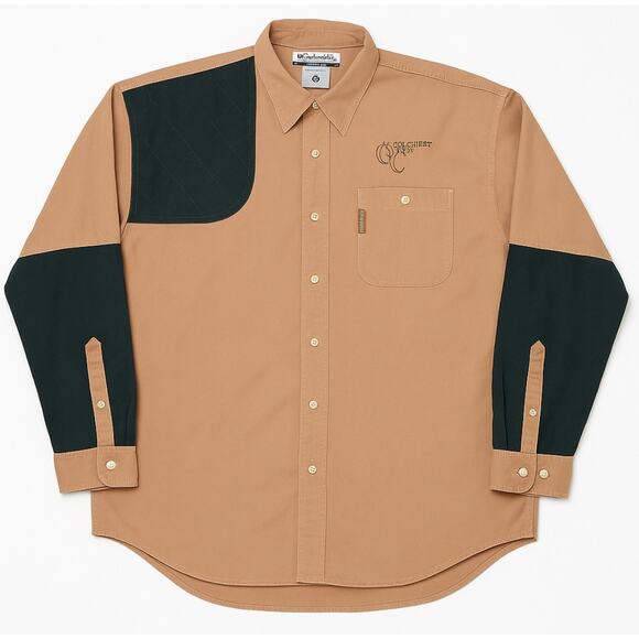 Columbia Gilchrist Club Hunting Shirt XL Tan Black Cotton Quilted Shoulder Patch - Picture 1 of 12